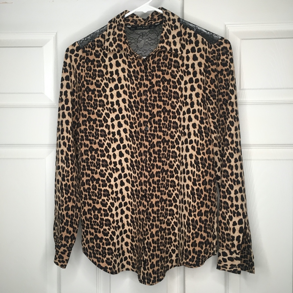 Zara Leopard Print and Black Lace Blouse